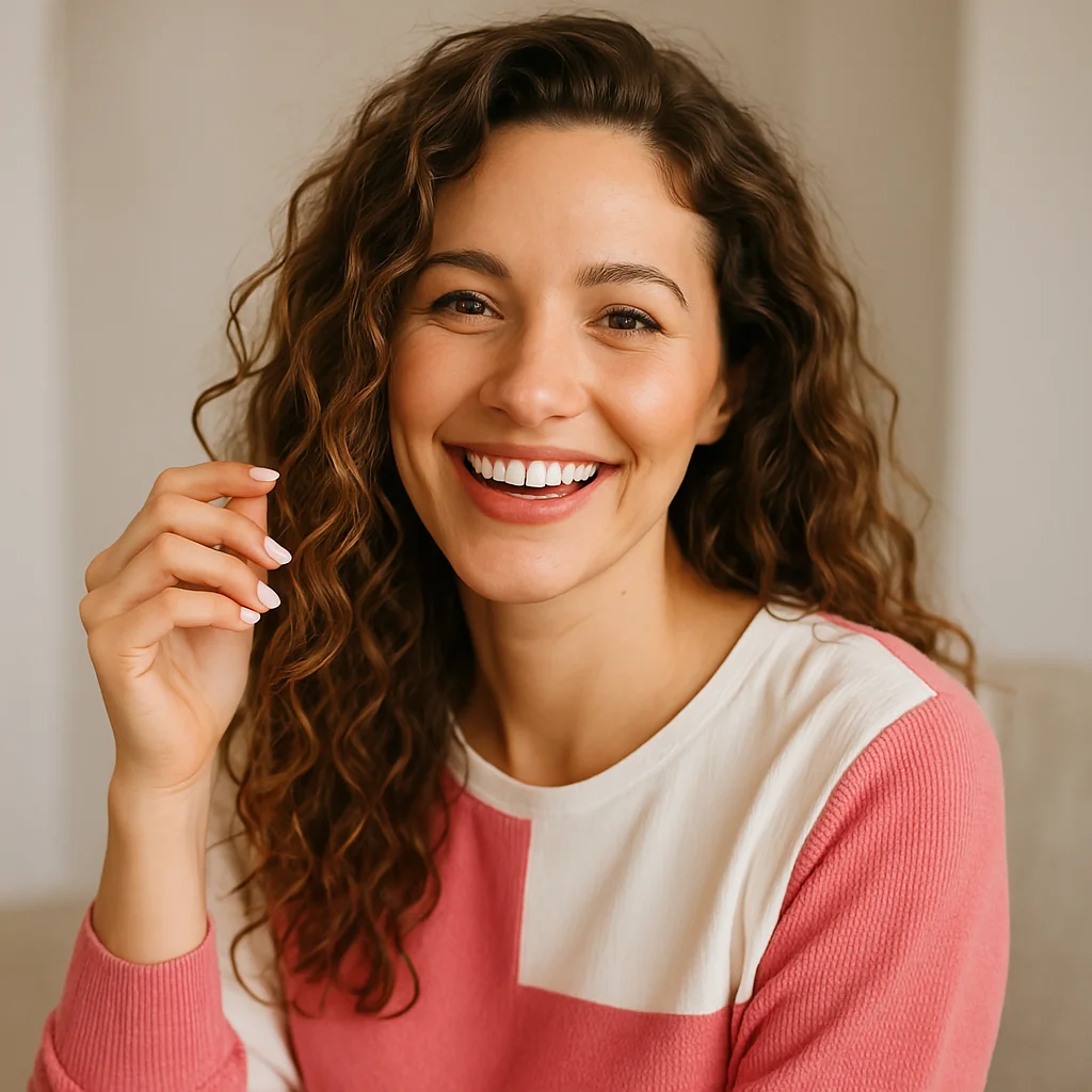 Jena smiling with curly hair, wearing a pink and white sweater.