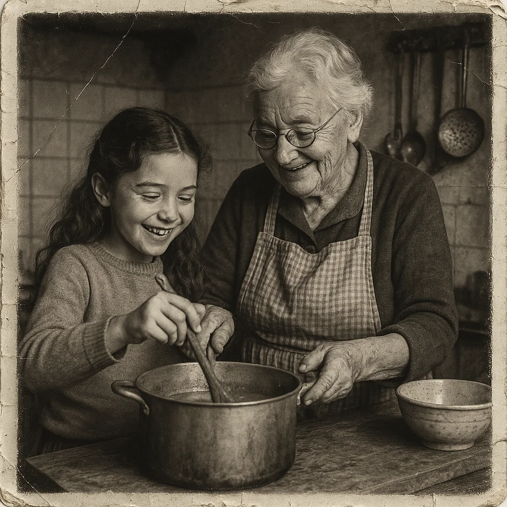 Vintage photo of young Jena cooking with her grandmother in an old kitchen, both smiling while stirring a pot.