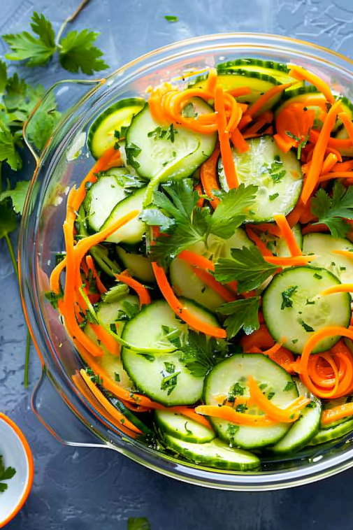 Crisp cucumber and carrot salad with fresh herbs in a glass bowl.