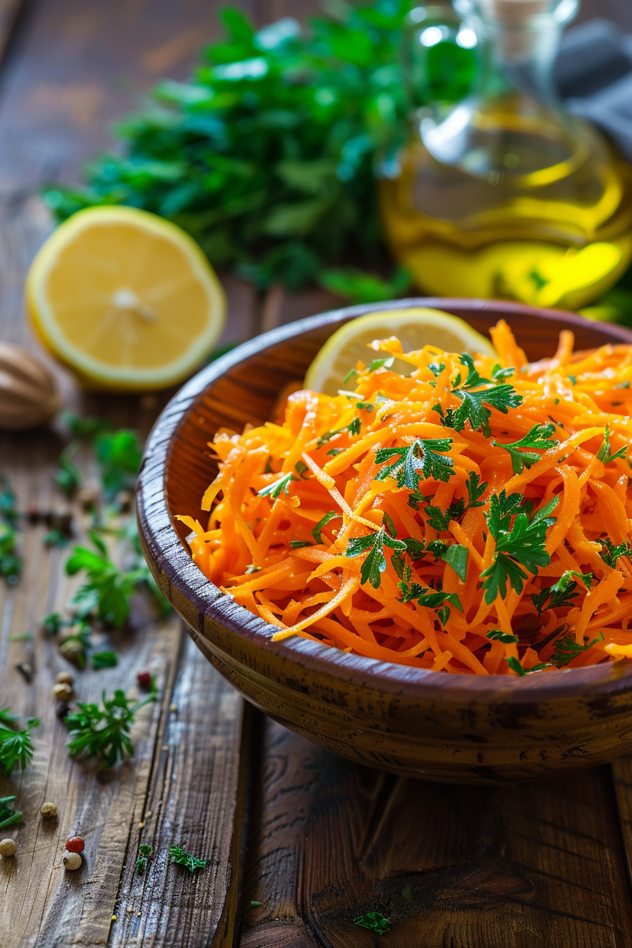 A fresh raw carrot salad , parsley, and lemon slices.