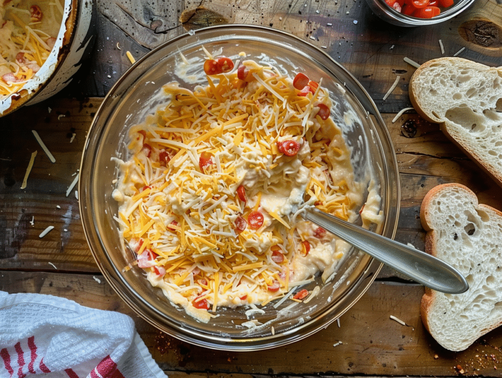 Mixing ingredients for Pimento Cheese Sandwich Masters in a glass bowl on wooden table