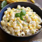 Buttermilk corn pasta with rigatoni and Parmesan in ceramic bowl