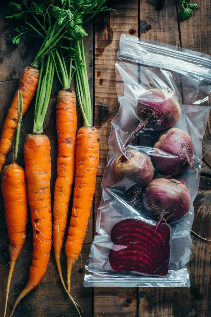 Fresh carrots and pre-cooked beetroot on rustic kitchen table