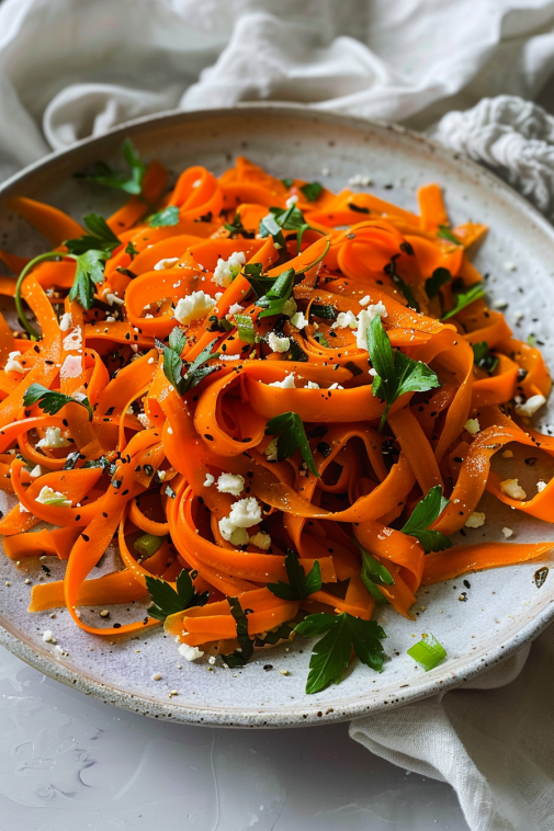 Elegant carrot ribbon salad topped with feta and parsley.