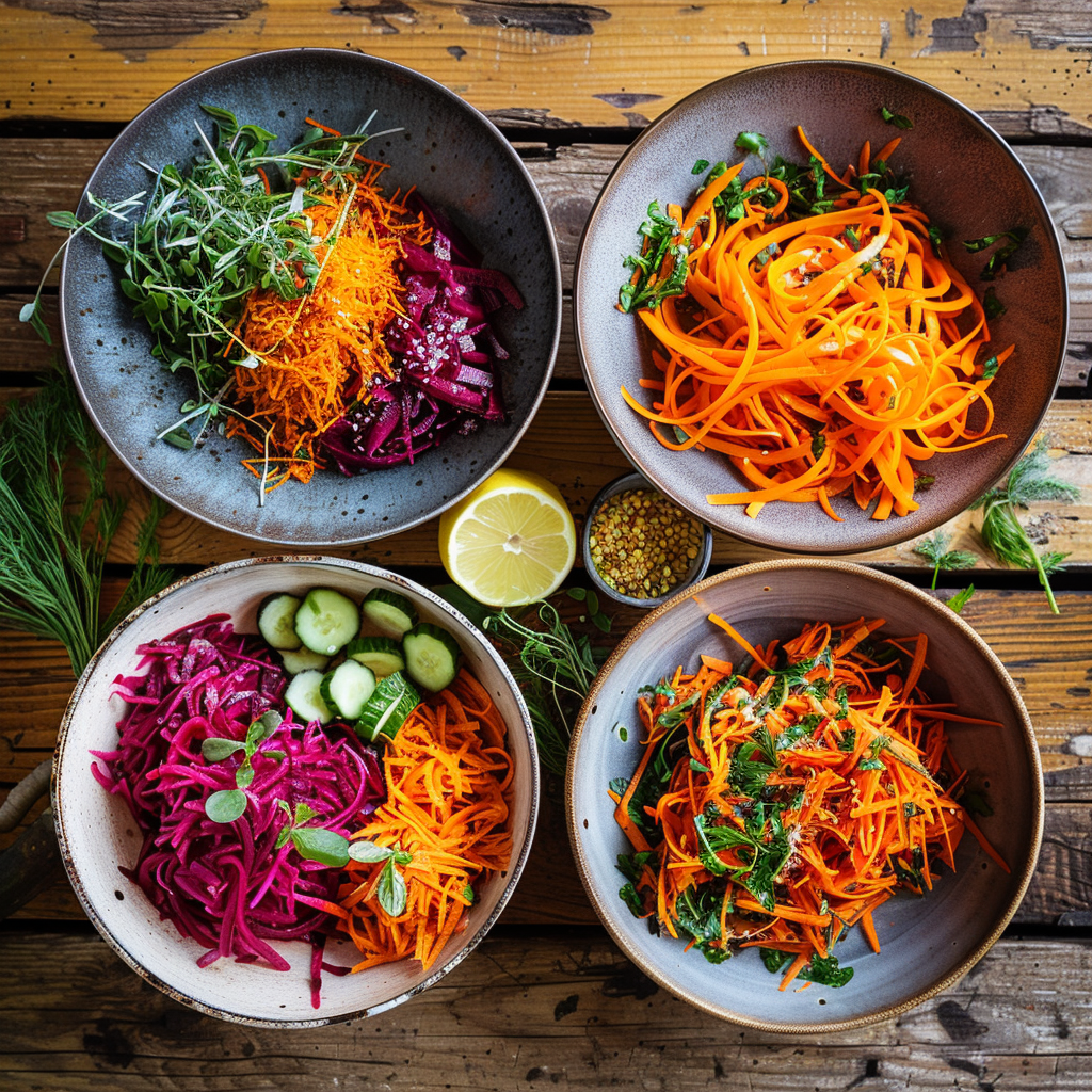 Top-down view of a vibrant carrot salad recipe in four ceramic bowls on a rustic table.