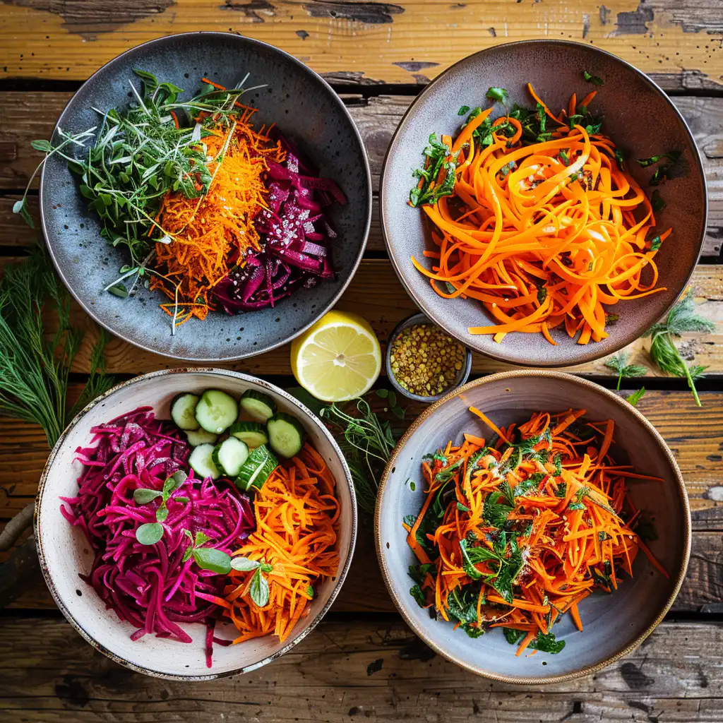 Top-down view of a vibrant carrot salad recipe in four ceramic bowls on a rustic table.