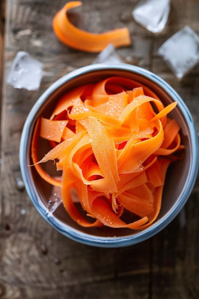 Overhead view of carrot ribbon salad prep — carrot ribbons soaking in ice water with visible ice cubes, on a wooden kitchen table beside a peeler.