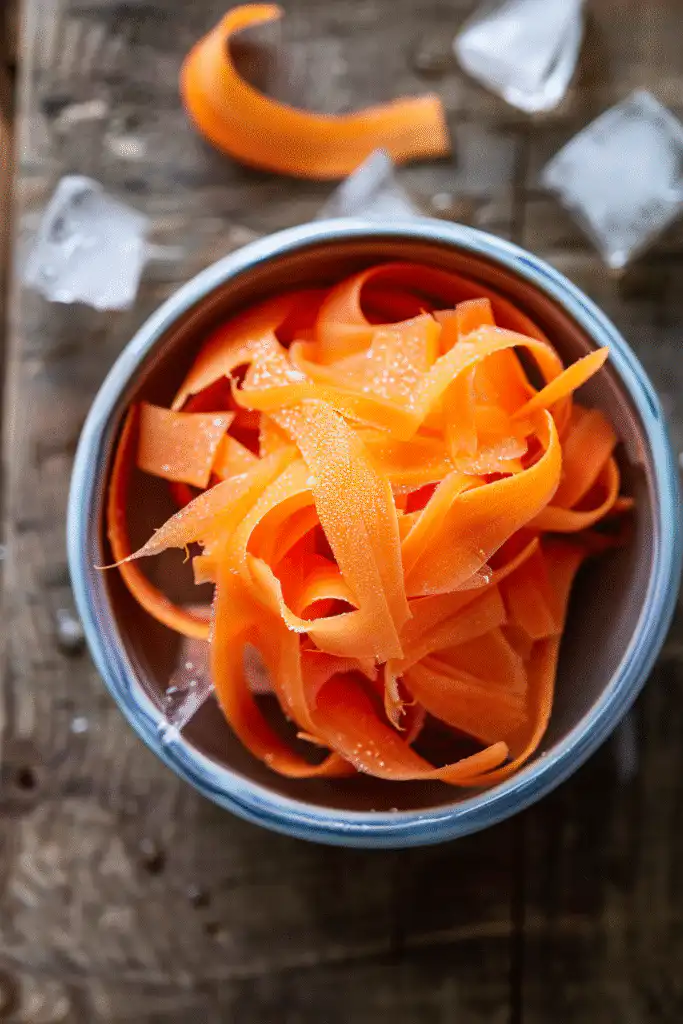 Overhead view of carrot ribbon salad prep — carrot ribbons soaking in ice water with visible ice cubes, on a wooden kitchen table beside a peeler.