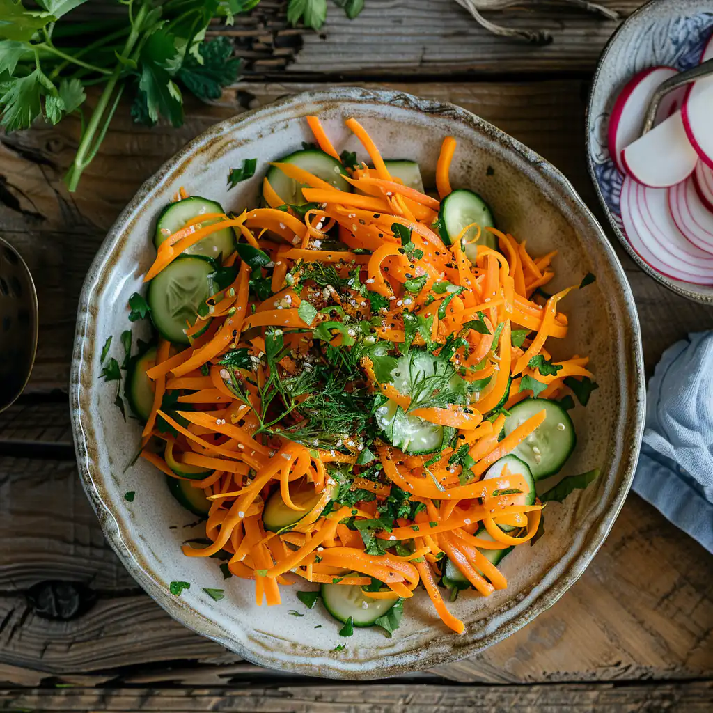 Cucumber and carrot salad served fresh on a cozy kitchen table