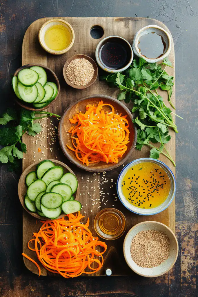 Ingredients for cucumber and carrot salad laid out in glass bowls