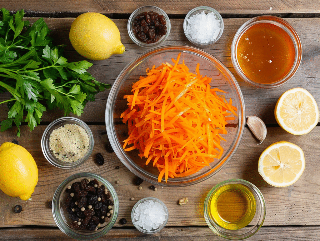 Ingredients for raw carrot salad laid out in small bowls