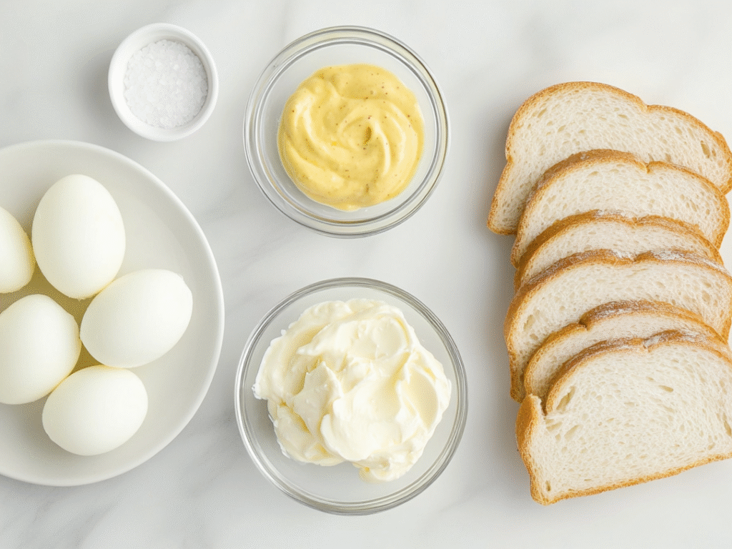 Masters Egg Salad Recipe ingredients laid out on a white marble counter