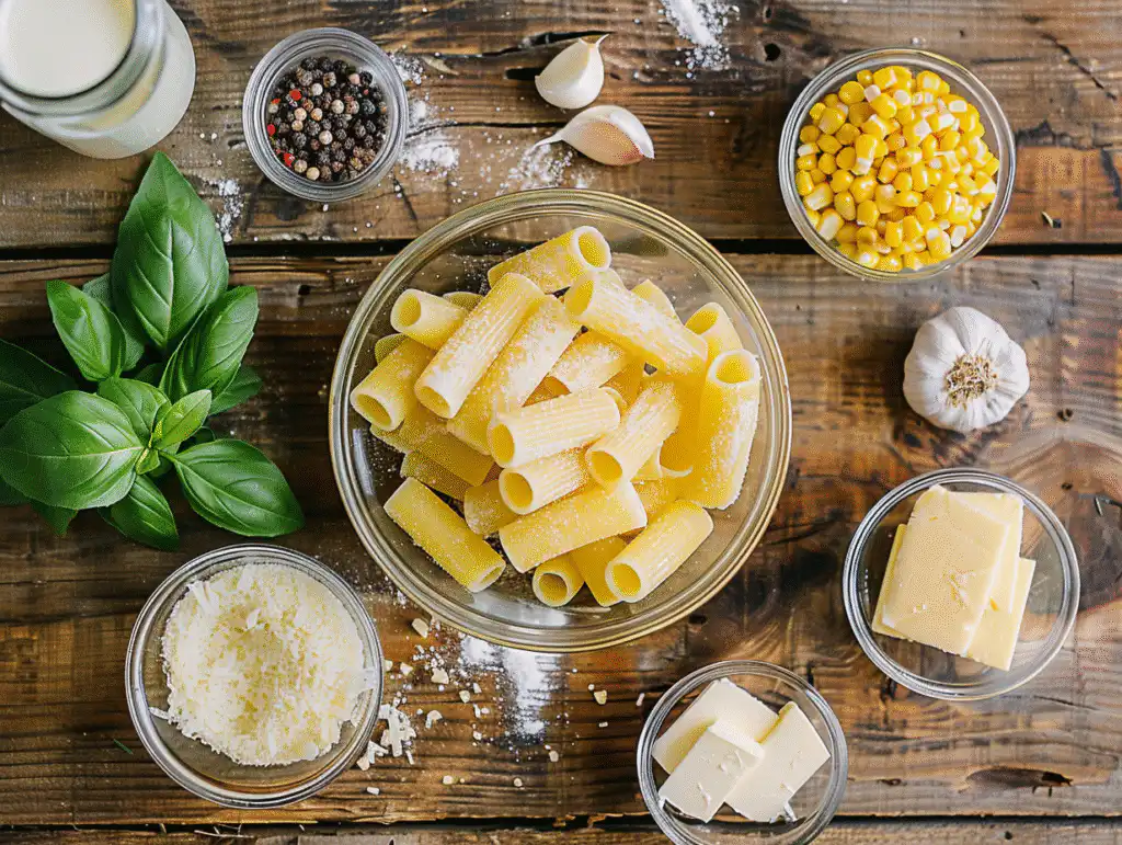 Top-down view of all ingredients for buttermilk corn pasta: rigatoni, fresh corn, buttermilk, Parmesan, garlic, butter, black pepper, salt, and fresh basil, arranged in glass bowls on a rustic wooden table