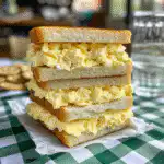 Close-up of egg salad sandwiches on white bread, served on Masters-branded wax paper over a green-and-white checkered tablecloth."