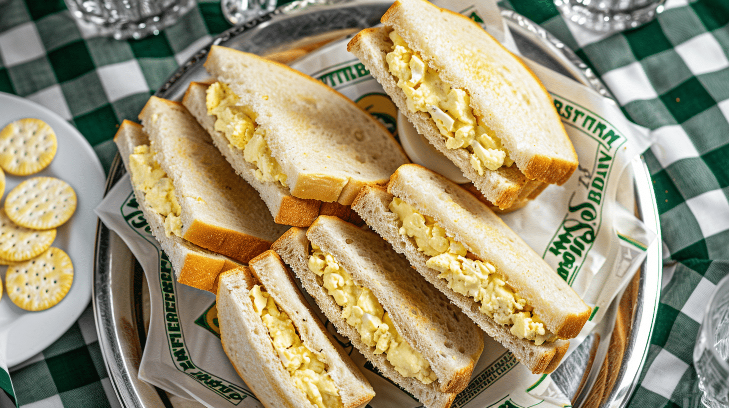 Masters Egg Salad Recipe served on soft white crustless bread in a vintage silver platter