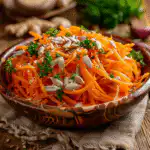 Raw carrot salad next to a recipe card