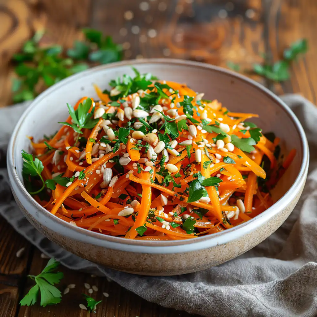 Raw carrot salad served in a cozy kitchen scene