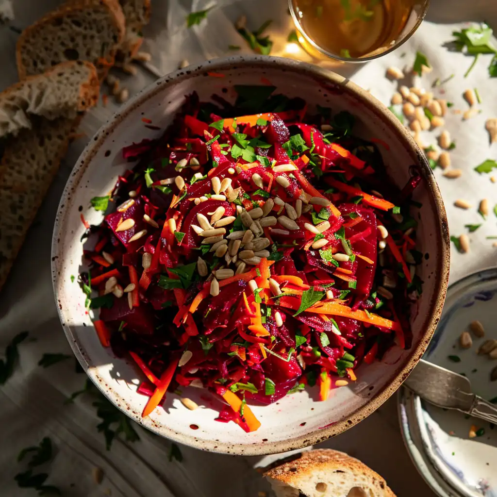 Colorful salad with beetroot and carrot on cozy kitchen table