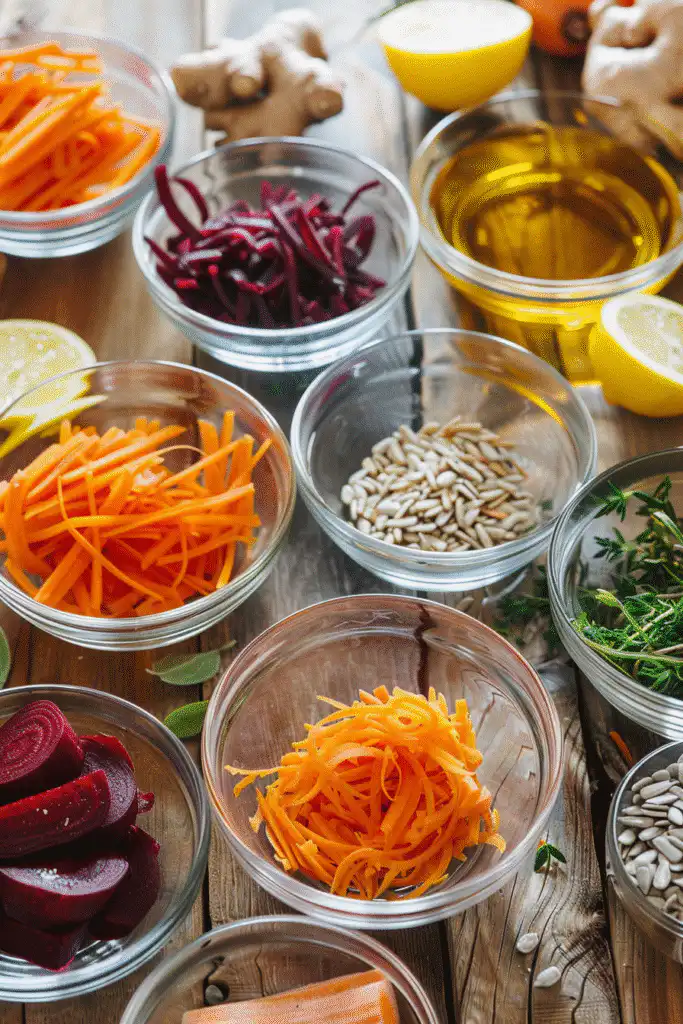 Salad with beetroot and carrot ingredients in glass bowls