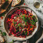 Salad with beetroot and carrot next to a recipe card
