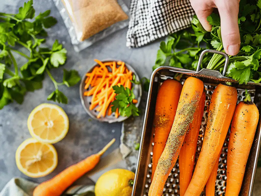 Ingredients for raw carrot salad with French and Moroccan inspiration