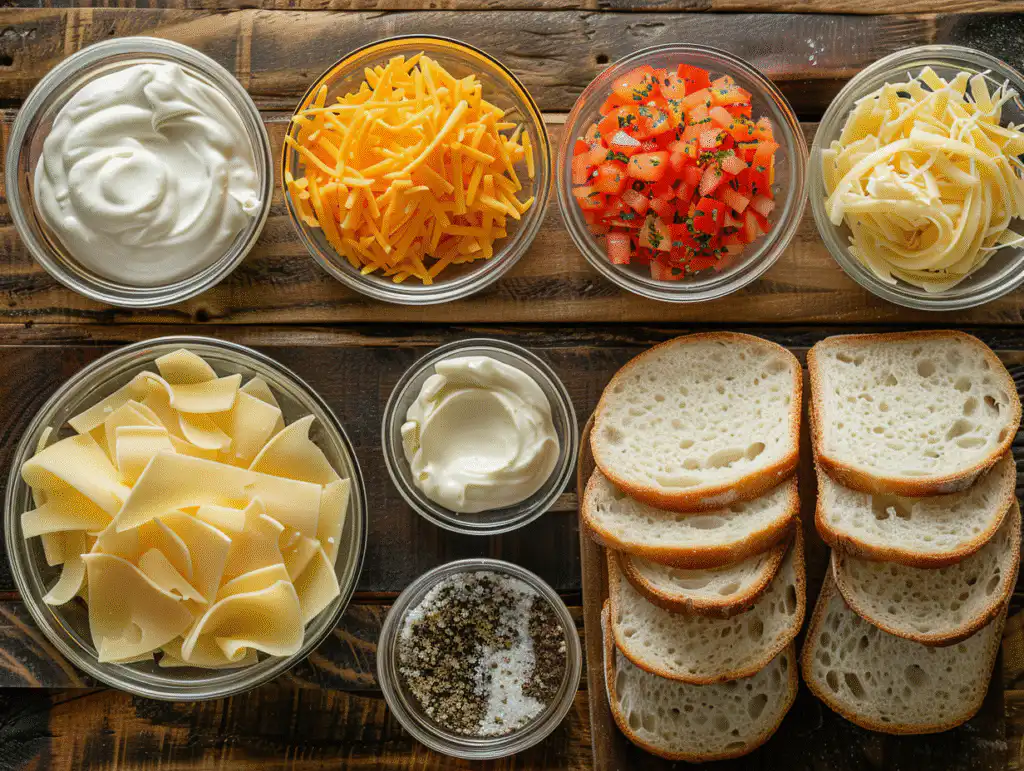 Ingredients for Pimento Cheese Sandwich Masters recipe laid out on a rustic wooden table, including shredded cheese, pimentos, and white bread