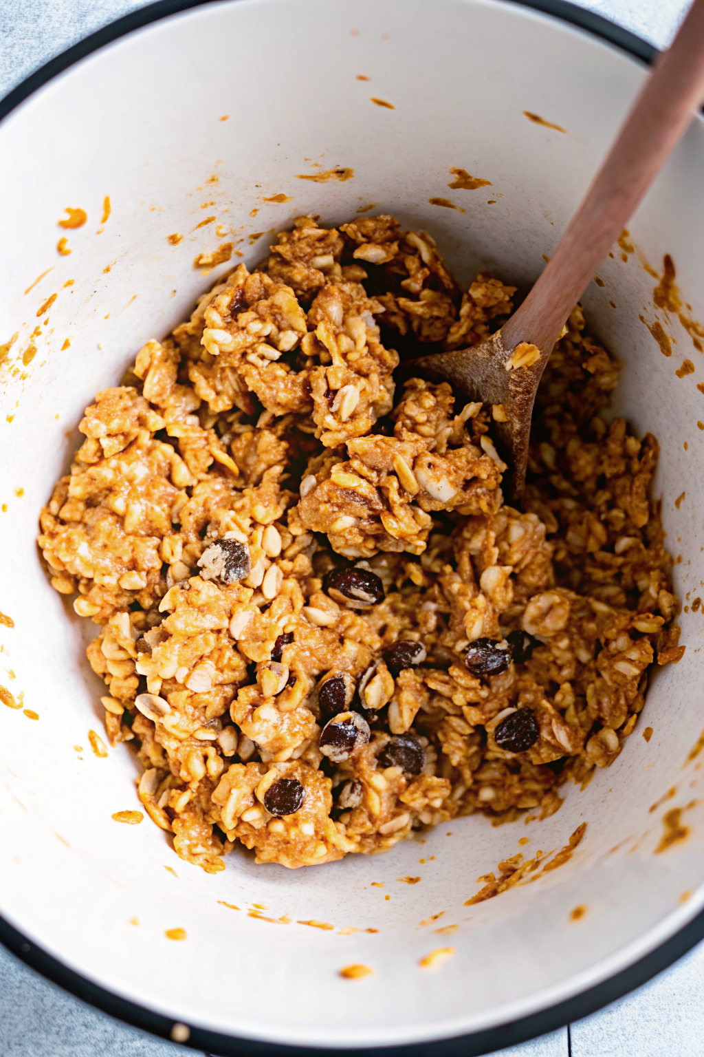 PB-Chocolate-Oatmeal-Balls-Instruction-3 Whisking peanut butter and syrup for no bake energy balls