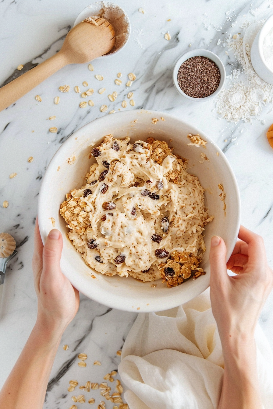 STEP3_oatmeal_raisin_cookies_no_bake oats and raisins added to oatmeal raisin cookies no bake mixture