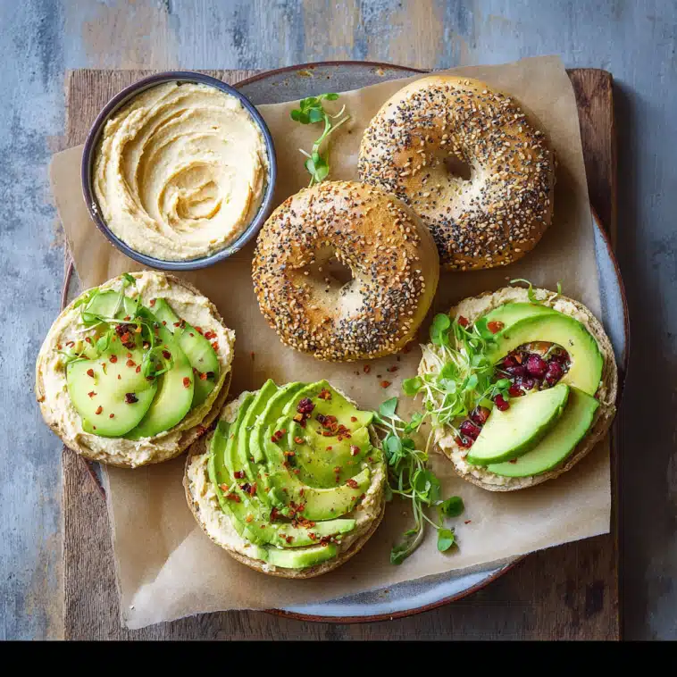 bagel hummus avocado on cozy kitchen table
