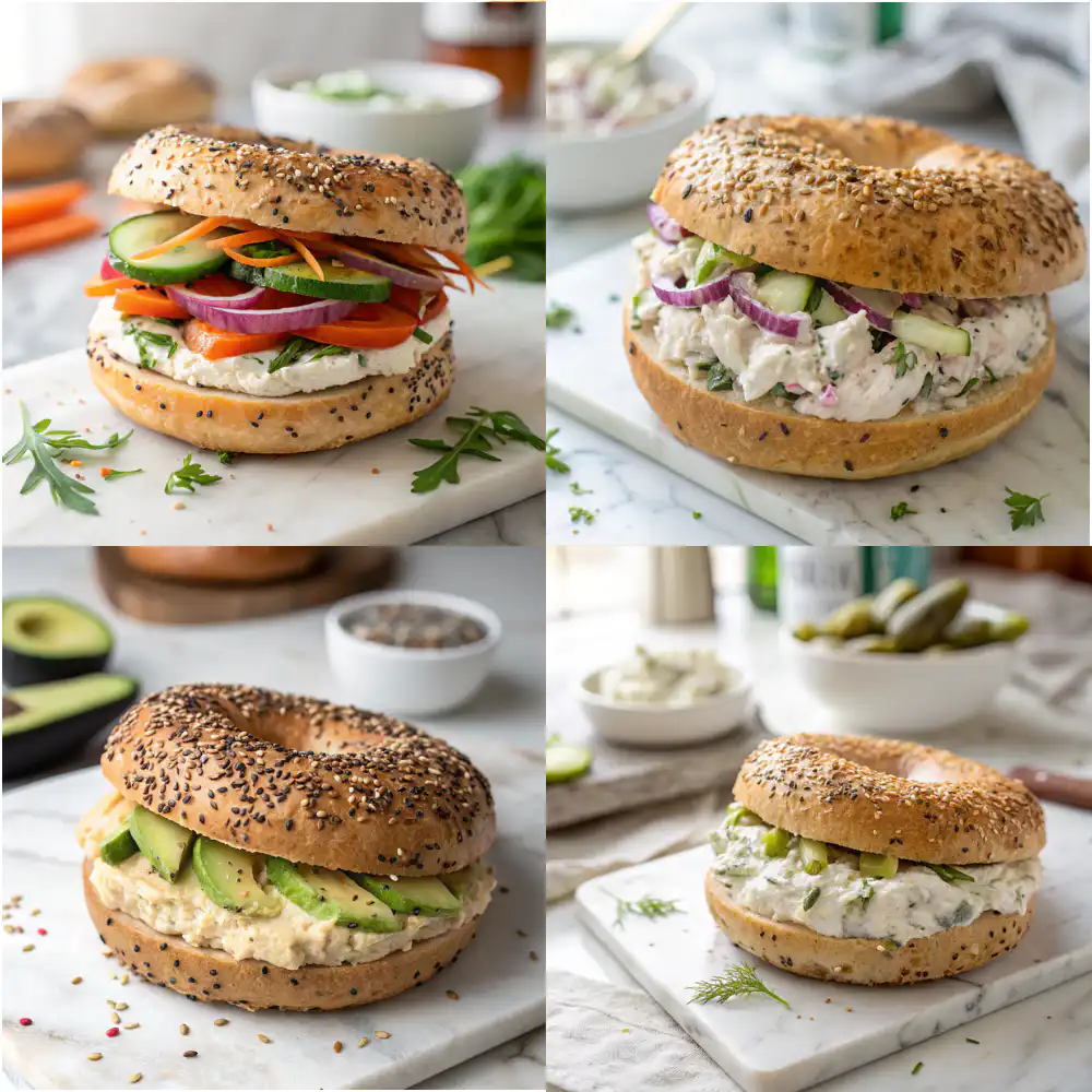 Side view collage of four no-bake bagel recipes arranged in a square grid: veggie bagel with cream cheese and fresh vegetables, chopped bagel salad sandwich, hummus avocado bagel, and dill pickle cream cheese bagel. All placed on white marble, under natural light