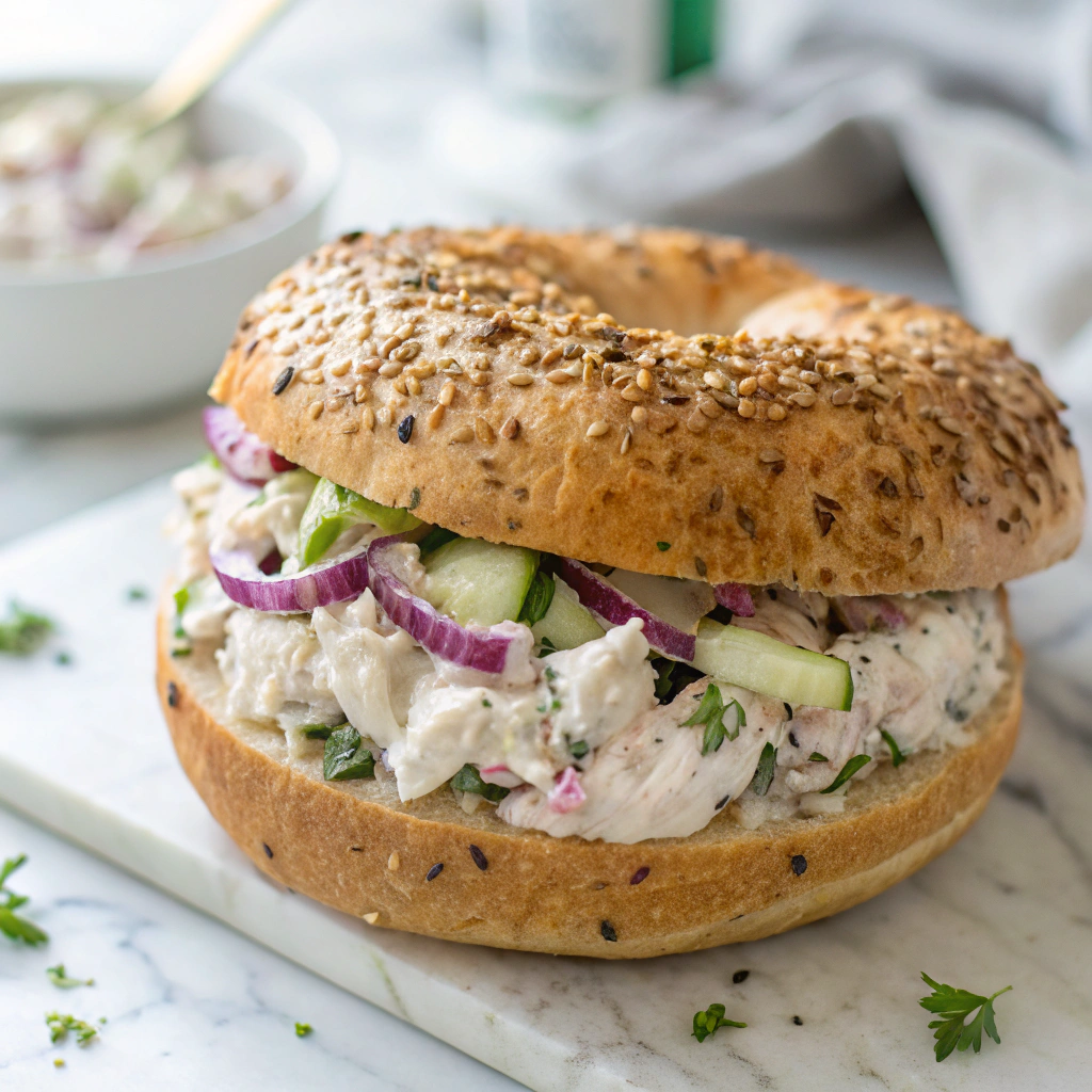 Side view of a bagel sandwich made from a creamy, blended no-bake bagel recipe with turkey, cream cheese, cucumber, and red onion, spread thickly inside a seeded bagel on a white marble surface.