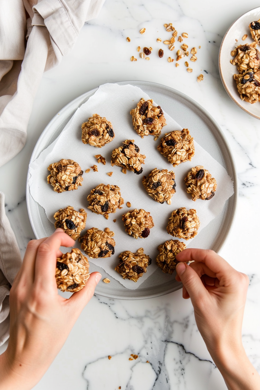 final_STEP_oatmeal_raisin_cookies_no_bake forming oatmeal raisin cookies no bake on a fridge-ready tray
