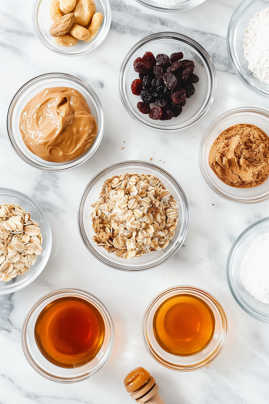 ingredient_ oatmeal_raisin_cookies_no_bake oatmeal raisin cookies no bake ingredients in glass bowls