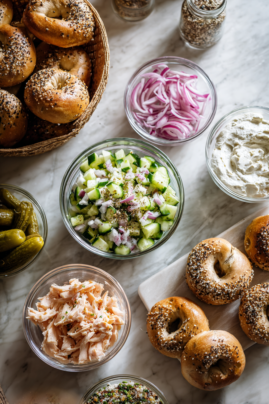 ingredient_chopped_bagel__ Ingredients for chopped bagel sandwich on marble kitchen surface