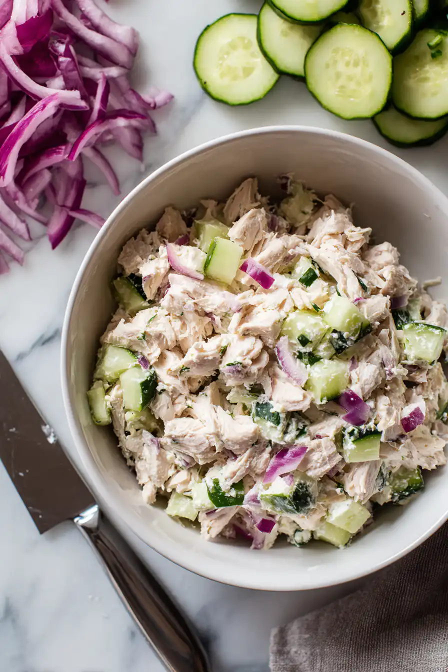 Chopped chicken salad with cucumber and red onion on a white marble kitchen countertop