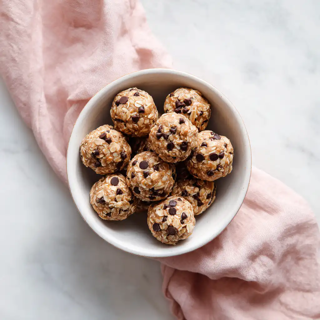 No bake peanut butter oatmeal energy balls in a white bowl on marble