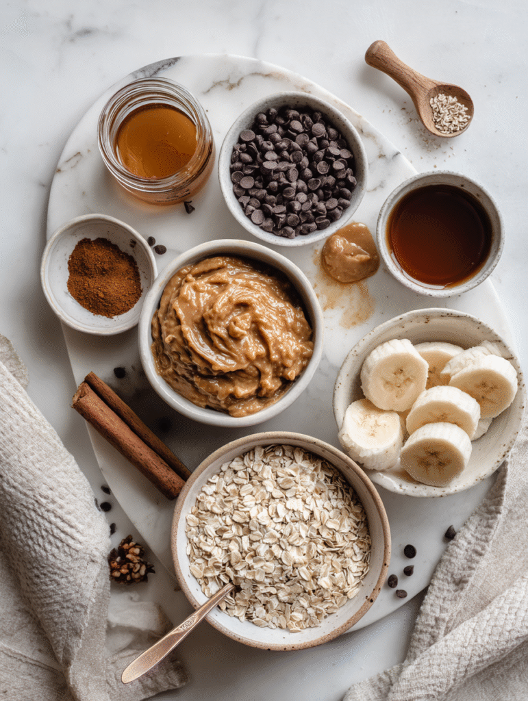 close-up of ingredients for oatmeal banana cookies no bake