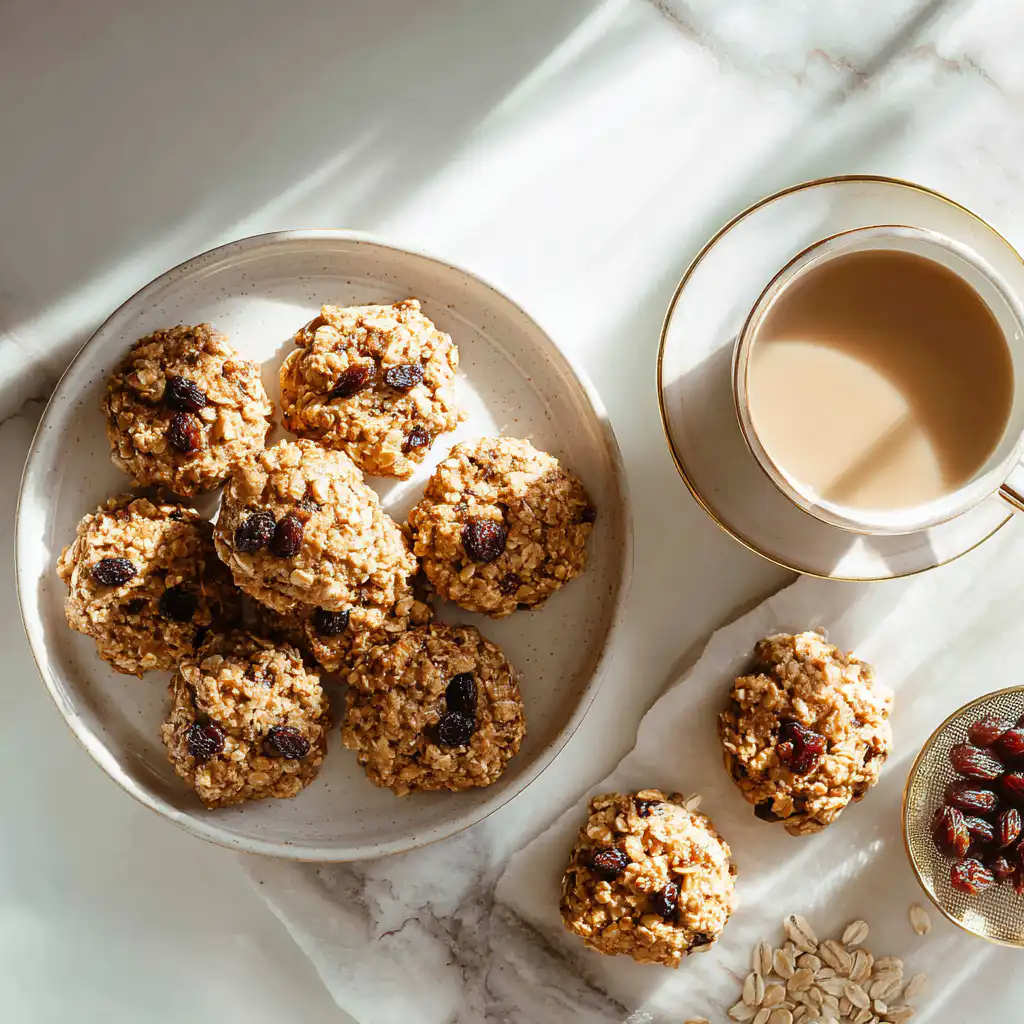 oatmeal raisin cookies no bake served on a white plate with coffee