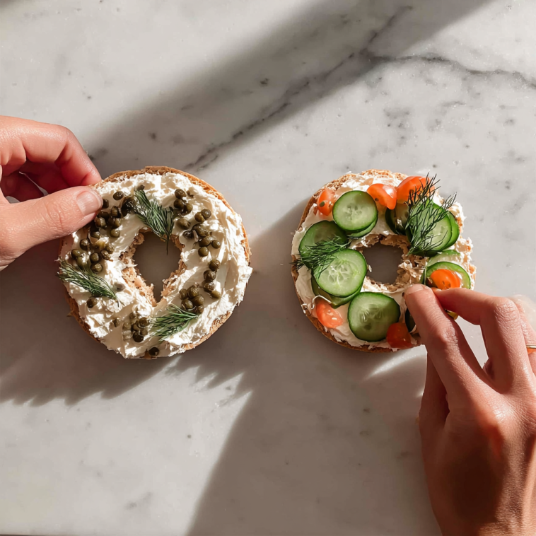 step_one_veggie_bagel Hands assembling a veggie bagel with fresh toppings veggie on marble