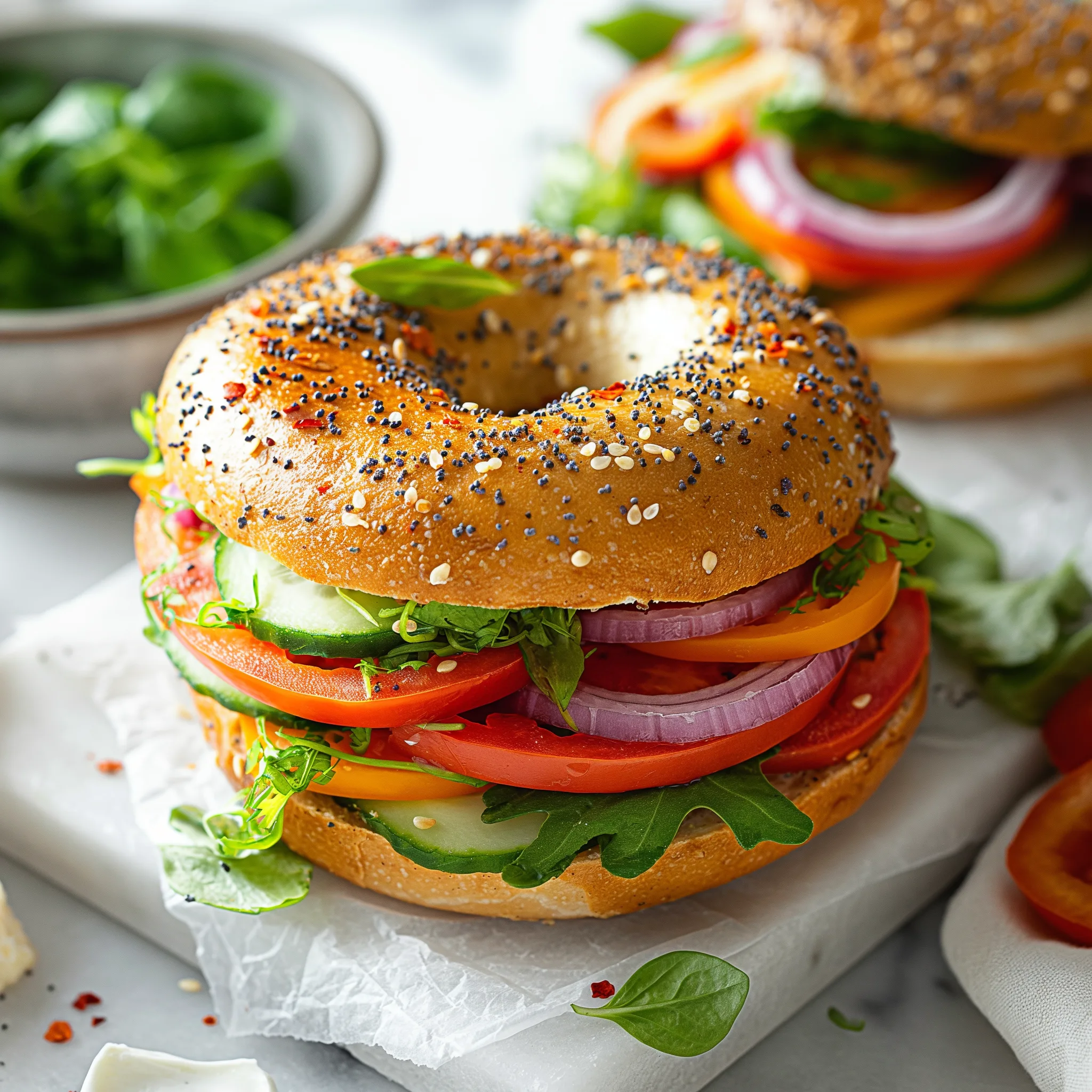 Colorful veggie bagel on white marble table, no-cook lunch idea