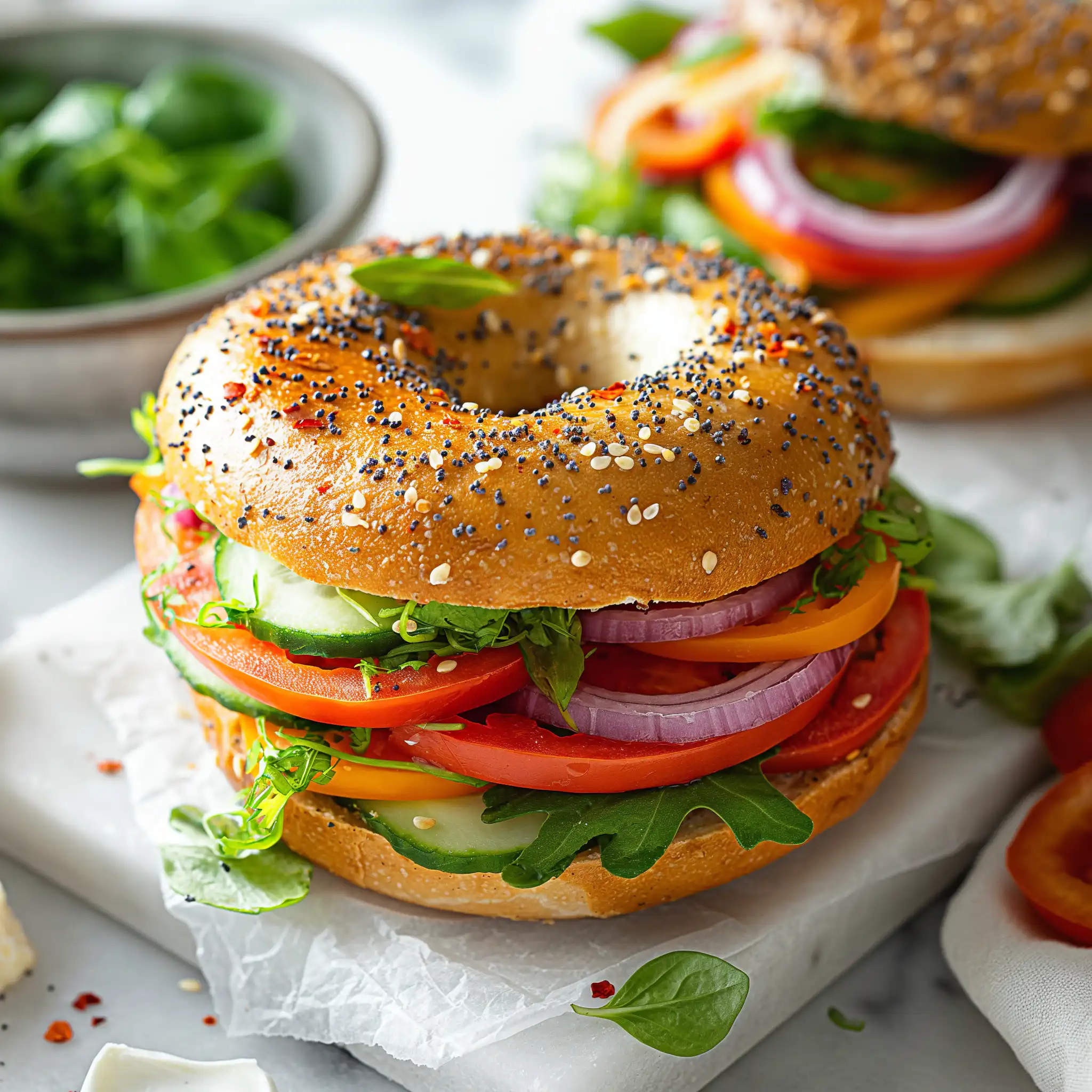 Colorful veggie bagel on white marble table, no-cook lunch idea