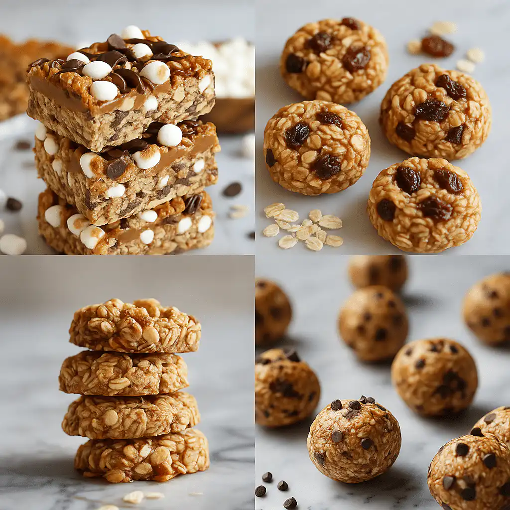 Collage of four oatmeal desserts including s’mores oatmeal bars with marshmallows, no-bake oatmeal raisin cookies, banana oatmeal cookies, and peanut butter oatmeal energy balls with chocolate chips.