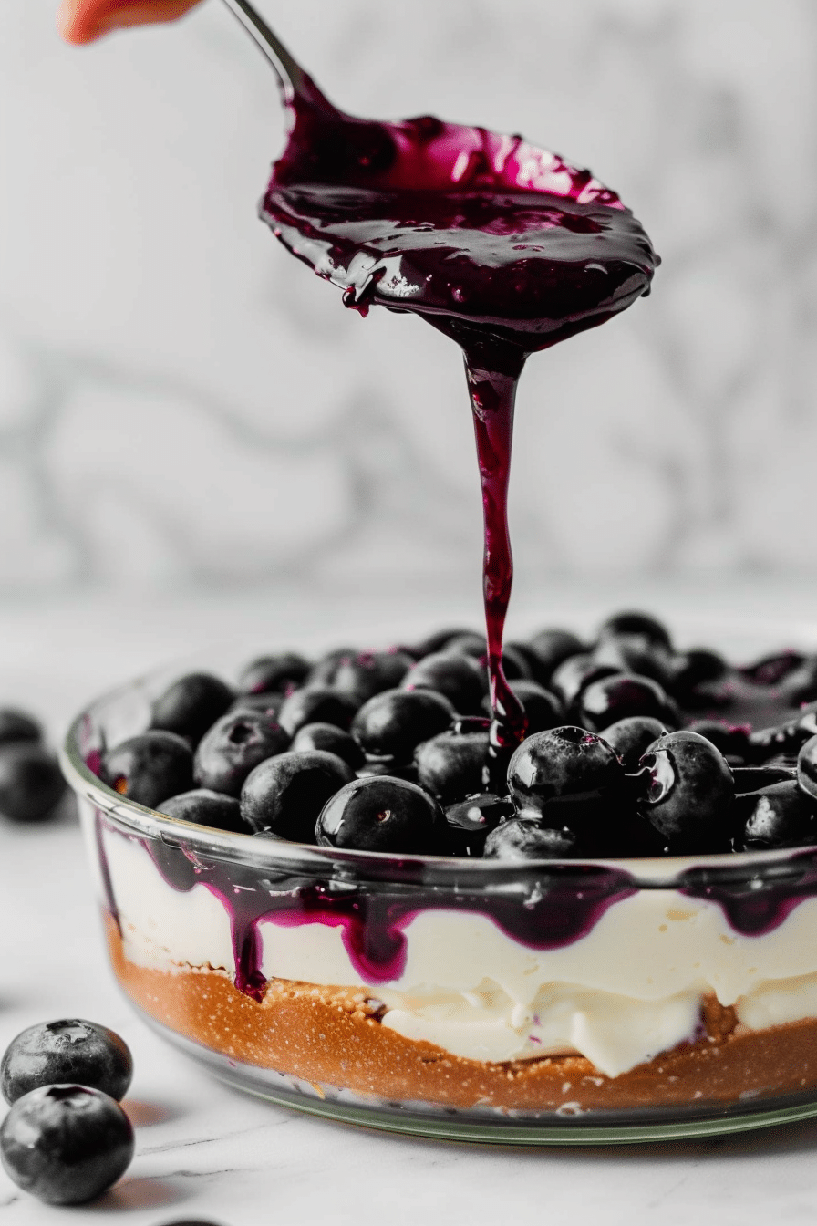STEP3_cheesecake_blueberry Spoon pouring glossy blueberry topping over creamy Blueberry Cheesecake Dessert No Bake layer in a glass dish.