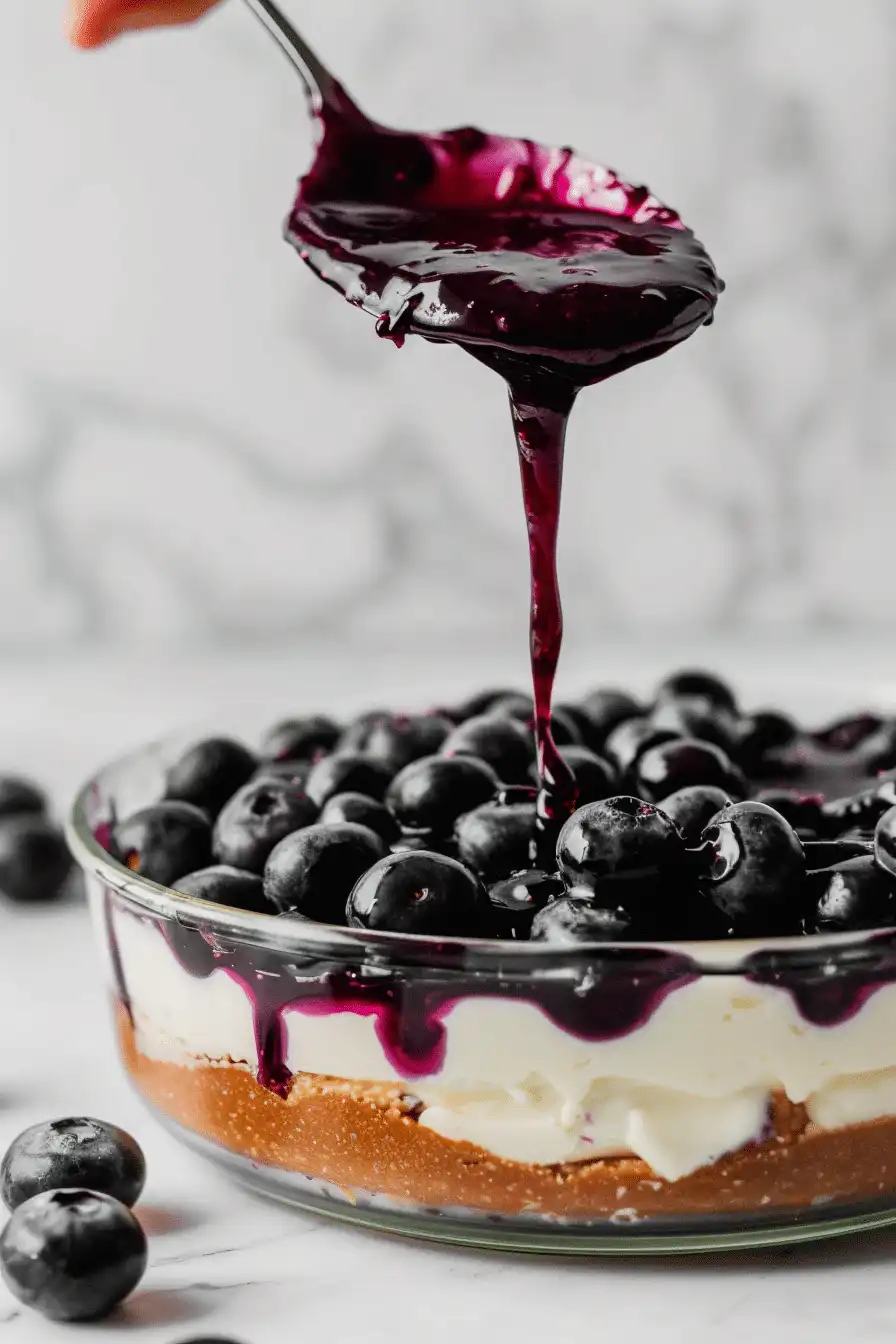 Spoon pouring glossy blueberry topping over creamy Blueberry Cheesecake Dessert No Bake layer in a glass dish.