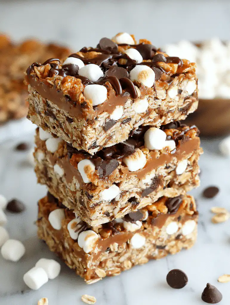 Close-up of stacked oatmeal desserts : s’mores bars topped with marshmallows and chocolate drizzle.