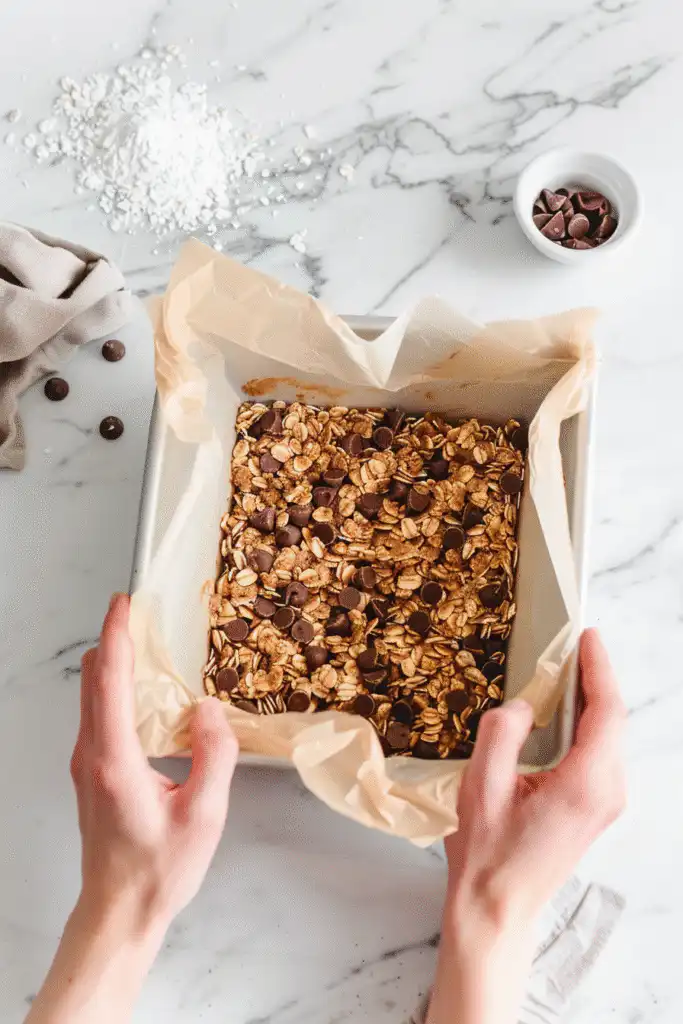 Oatmeal and chocolate mixture for no bake s’more bars in a lined baking pan on white marble