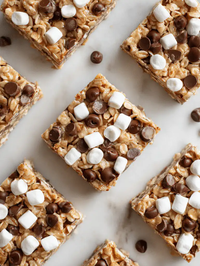 Close-up of no bake s’more bars with oatmeal, topped with mini marshmallows and chocolate chips on white marble