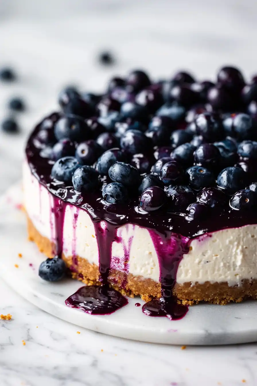 Whole blueberry cheesecake dessert no bake on a white marble table with glossy topping and fresh blueberries.