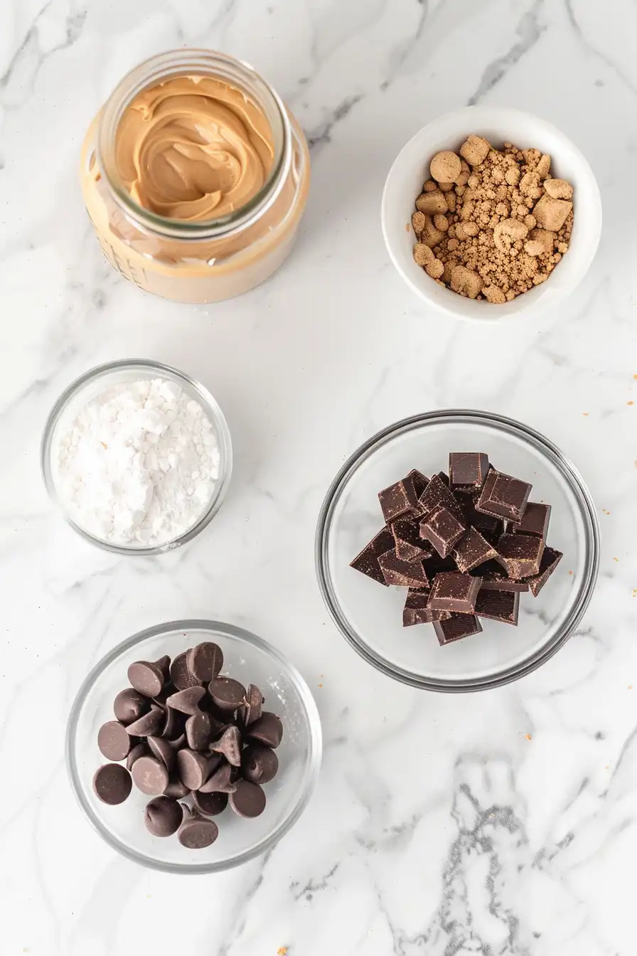 Ingredients for Butterfinger Balls on white marble – peanut butter, powdered sugar, Butterfinger candy, and chocolate chips