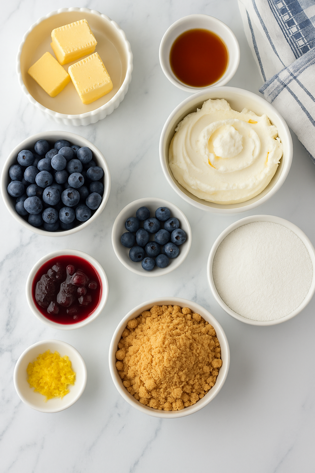 ingredient_cheesecake_blueberry Ingredients for blueberry cheesecake dessert no bake